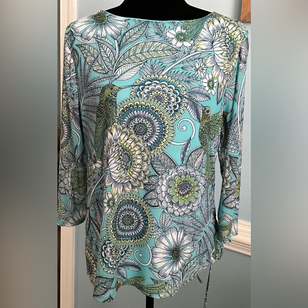 Teal Top NWOT Hummingbird Blouse Spring Floral TunicTop Floral Bird Top